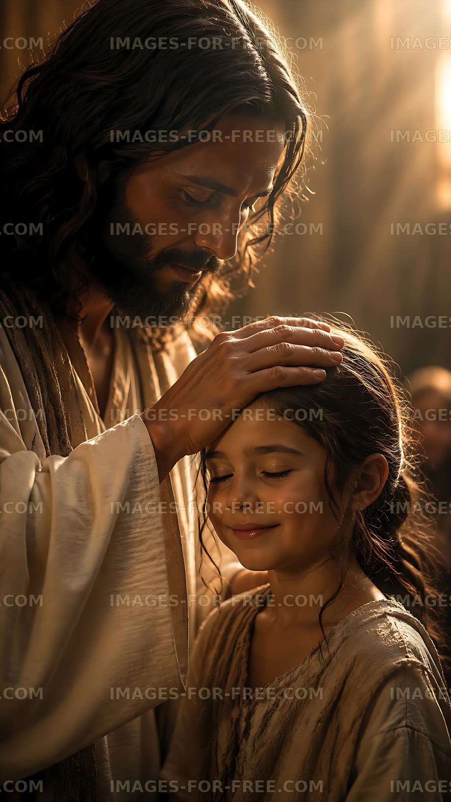 Man with long hair touching girl's head in a warm setting