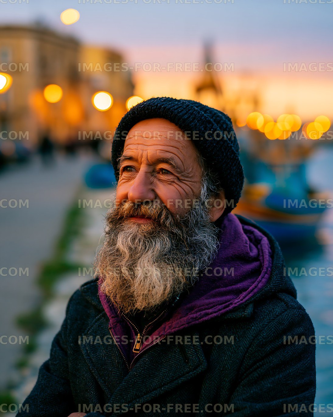 Man with beard standing near water at sunset
