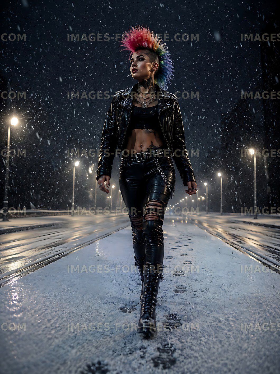 Punk woman walking on a snowy street at night