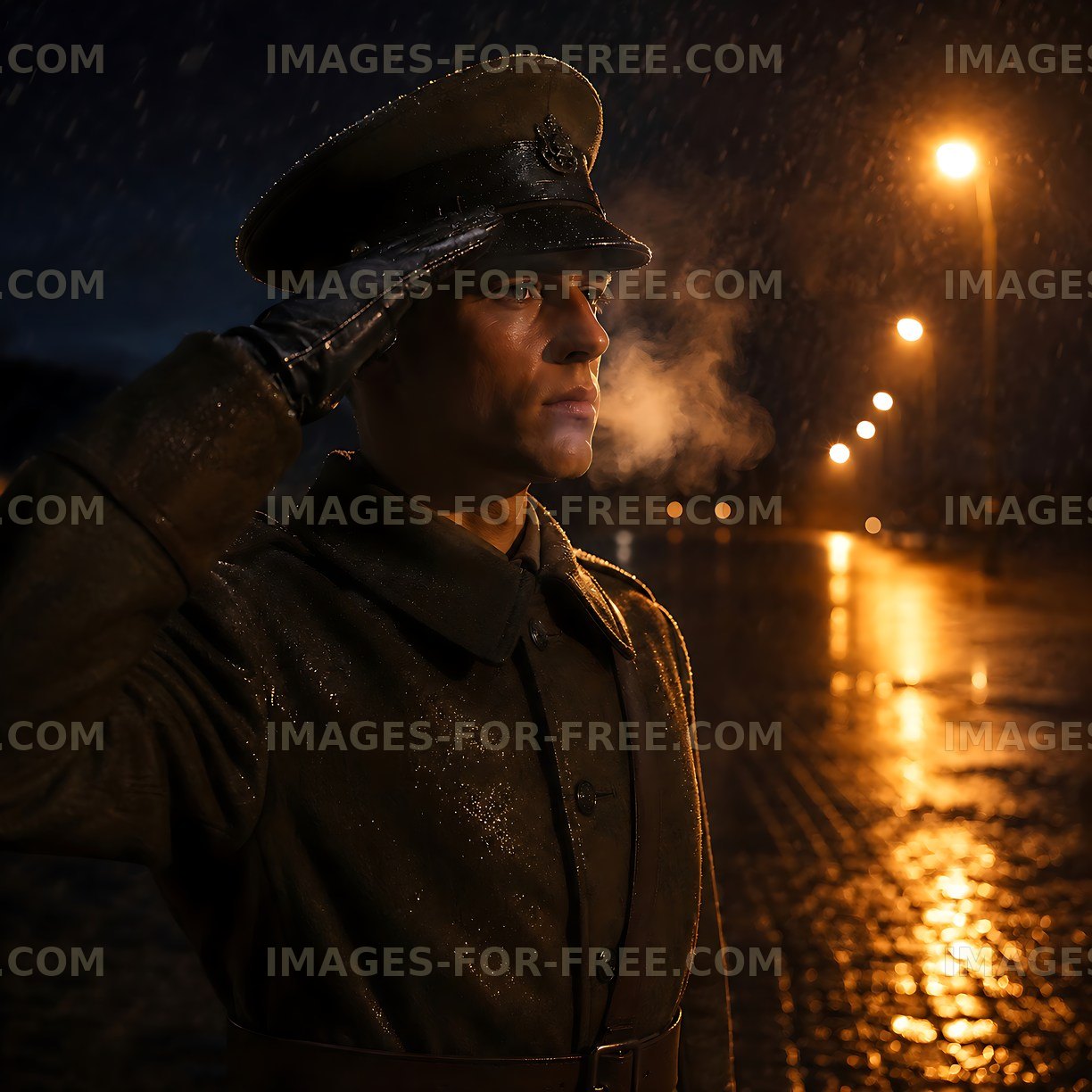 Soldier saluting in the rain on a dimly lit street