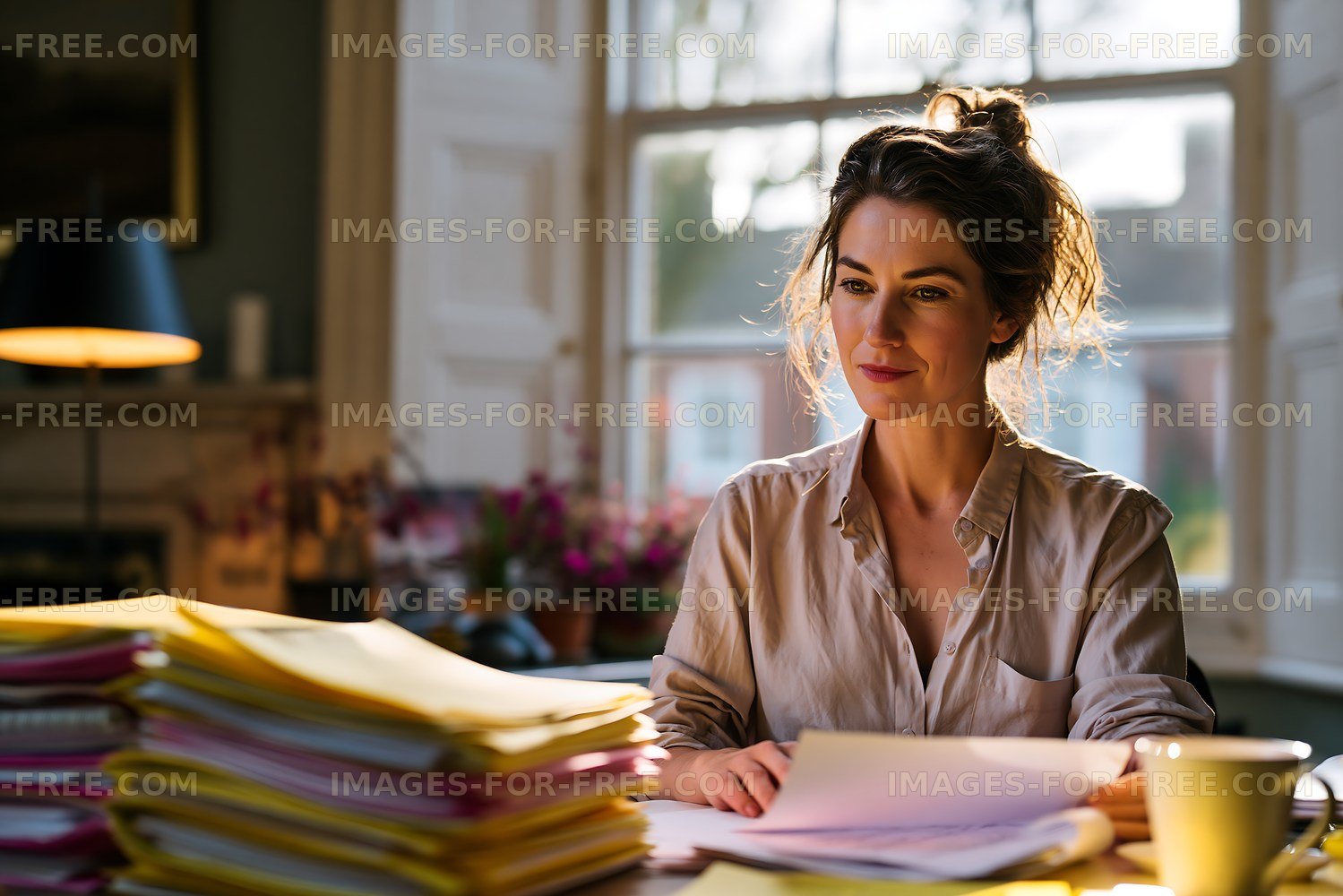 Woman working at a desk with files and coffee in natural light