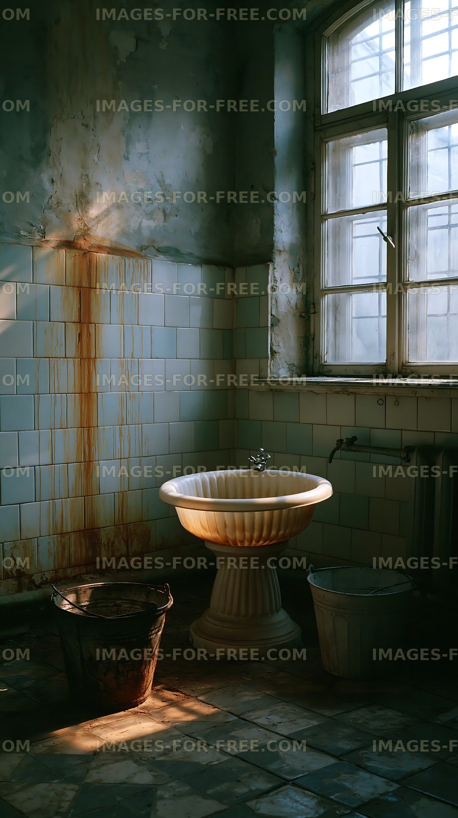 Old bathroom with a sink and rust stains on the wall