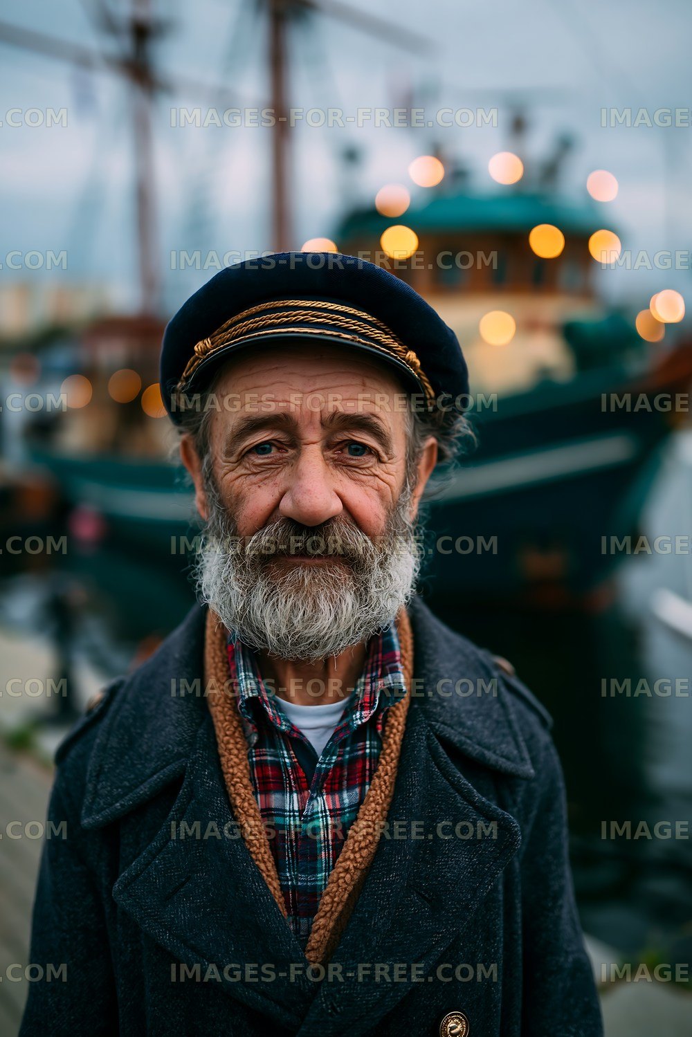 Old man with beard and sailor cap near historic ship