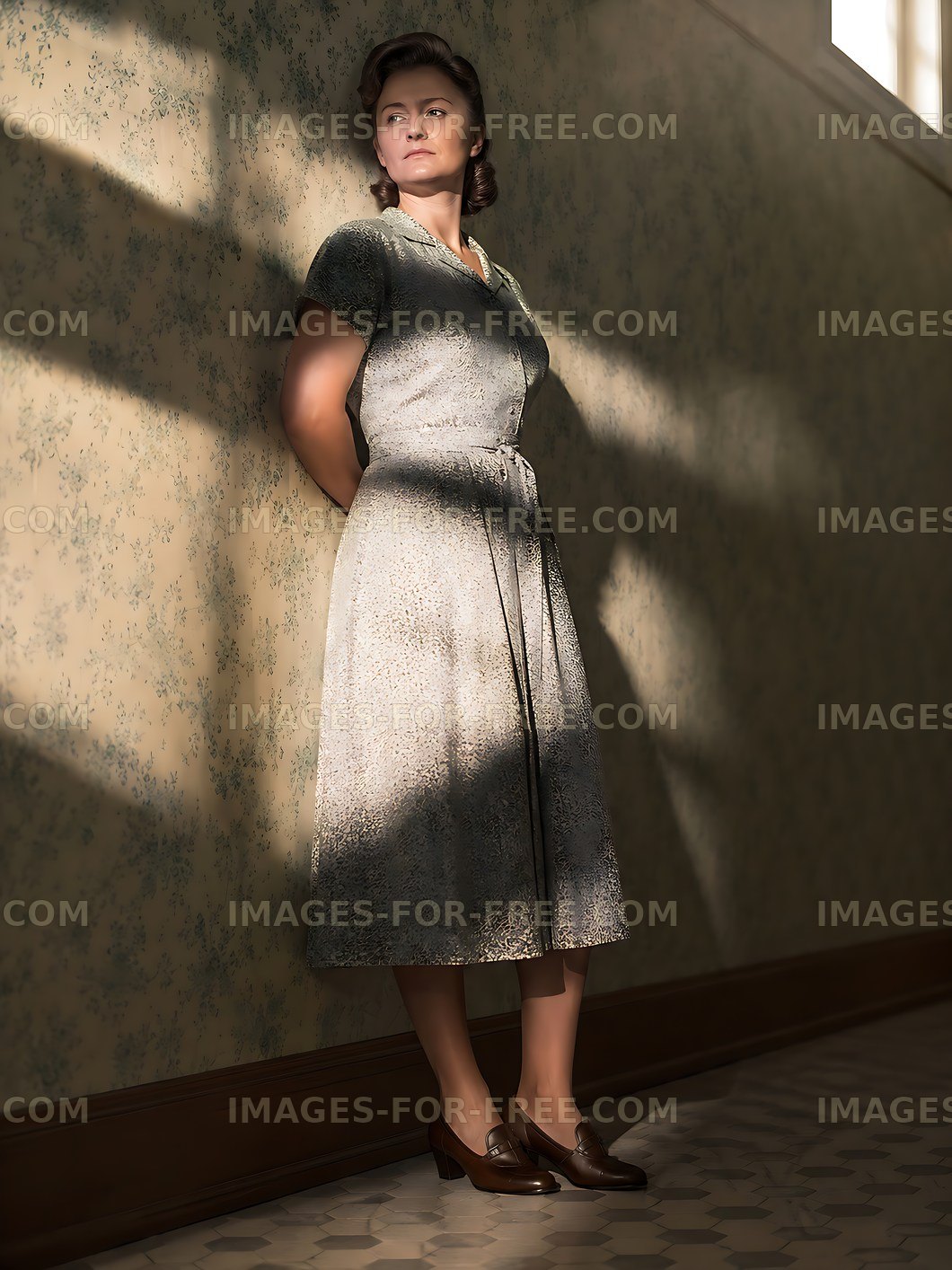 Woman in a vintage dress standing in a sunlit hallway