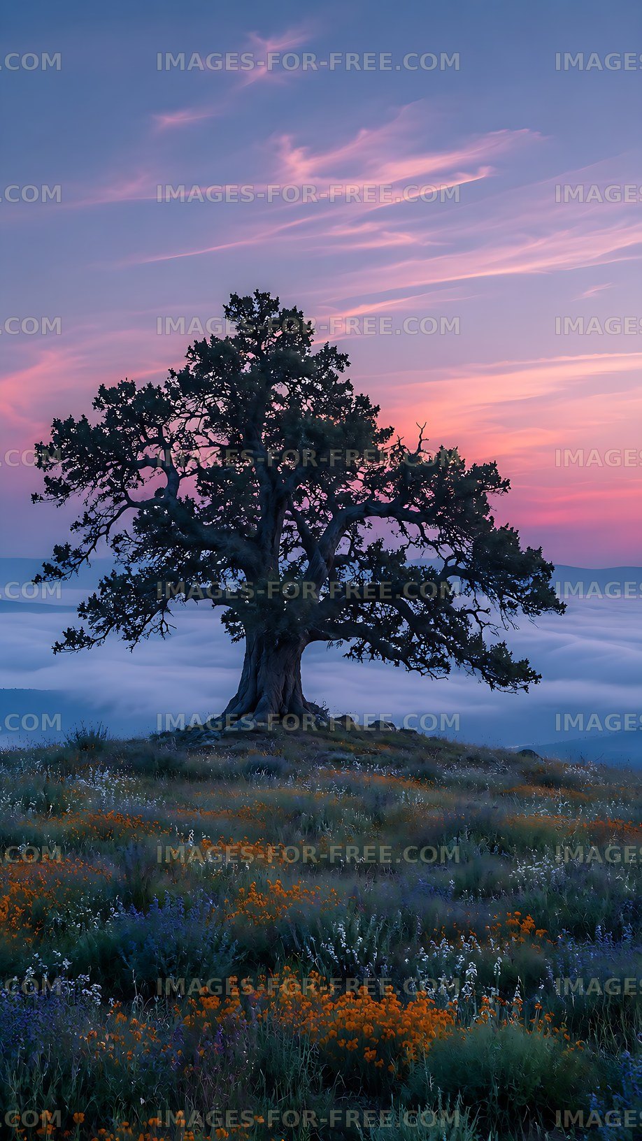 Majestic tree on hillside during colorful sunset
