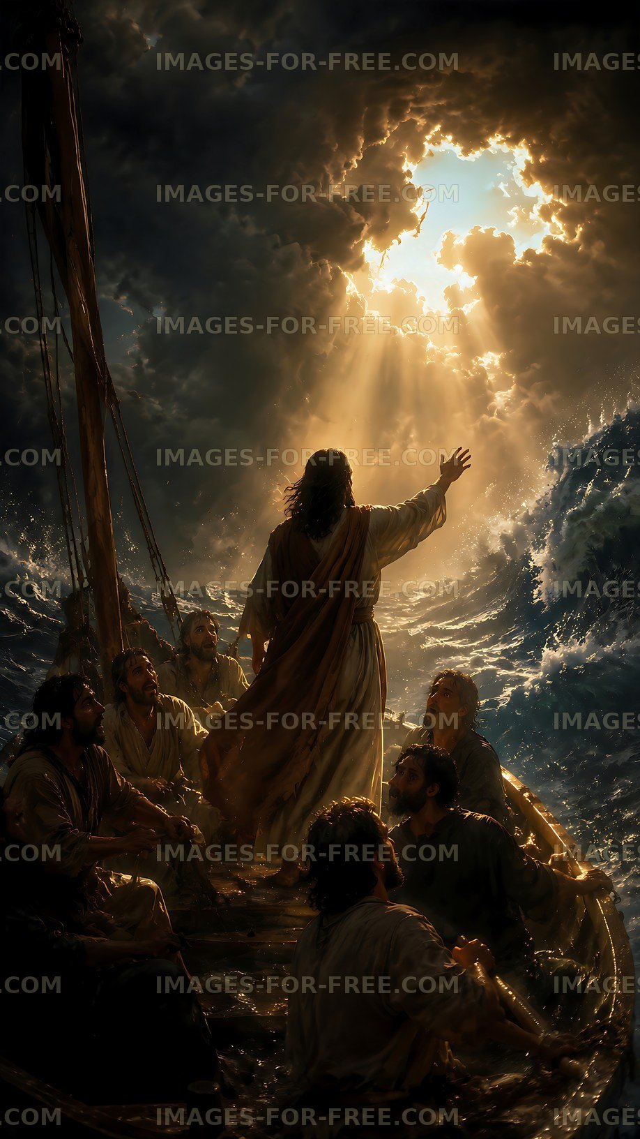 Jesus calms the storm on a fishing boat at sea