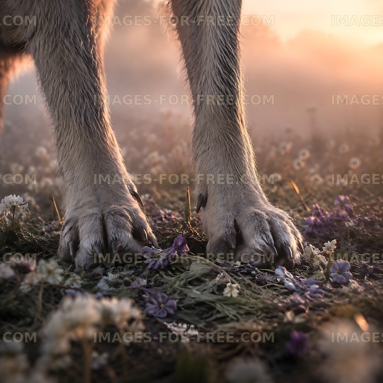 Dog paws among flowers at sunrise