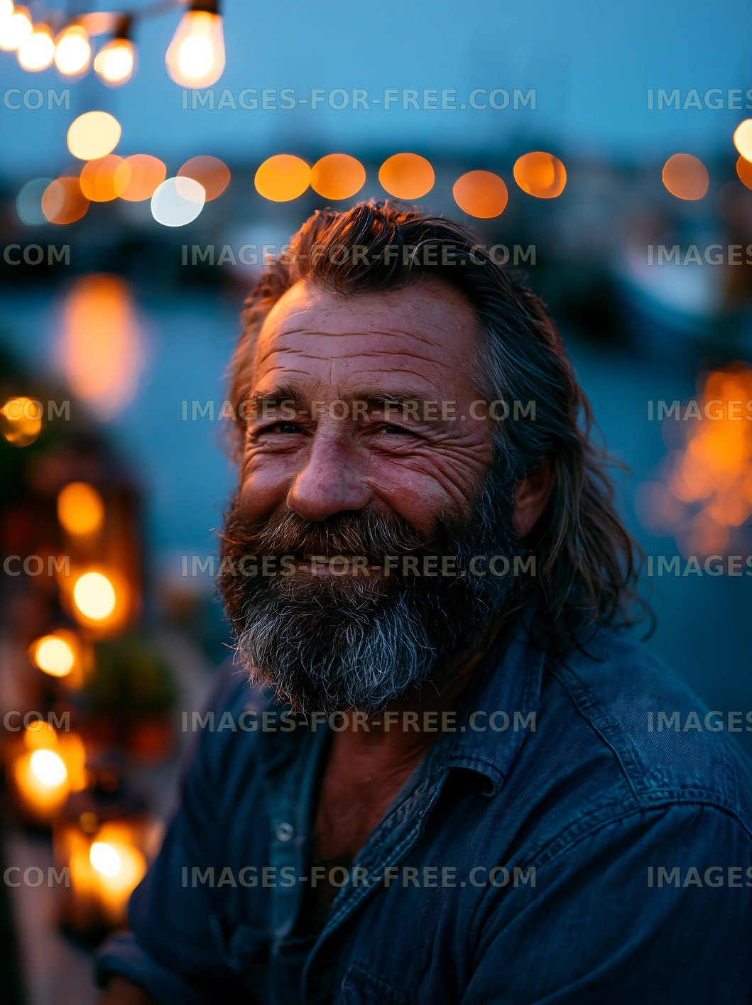Smiling man with beard in evening light by the water