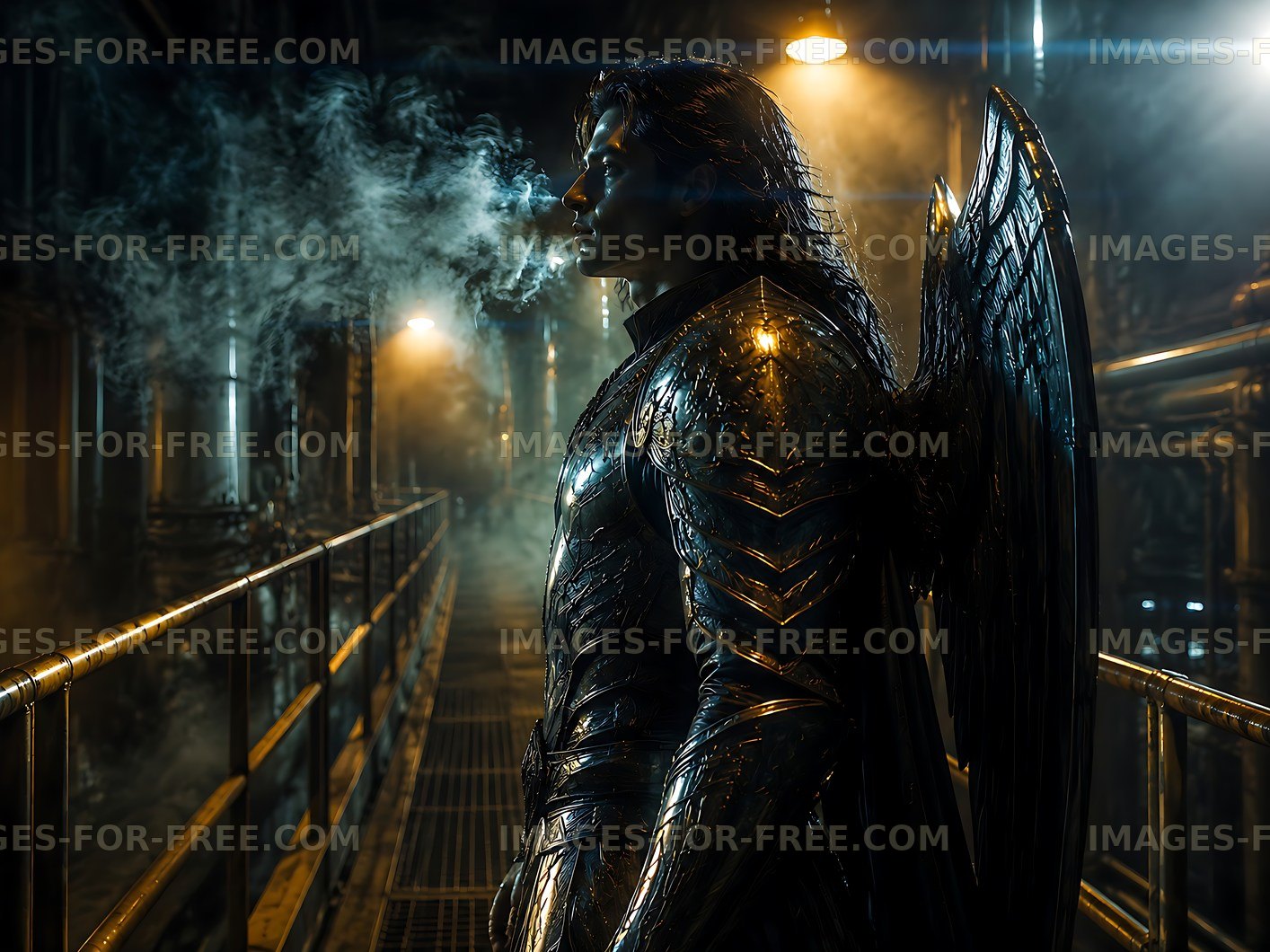Angel figure stands in industrial setting with smoke