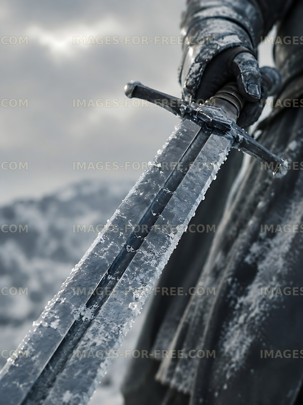 Sword covered in ice held by a figure in a winter landscape