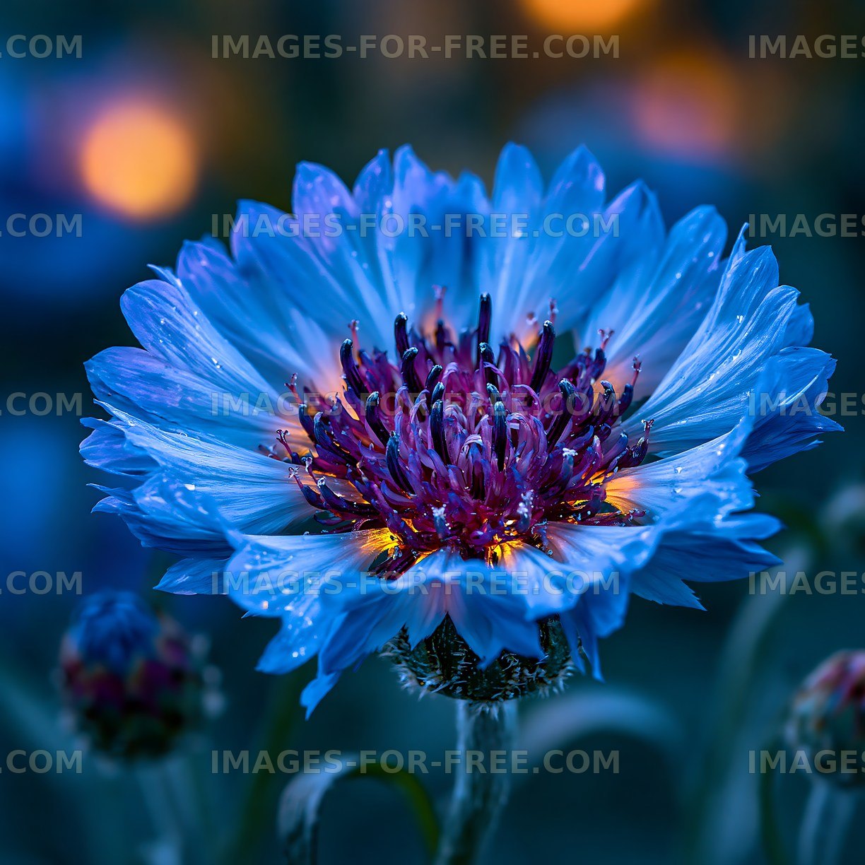 Bright blue flower with dew after rain