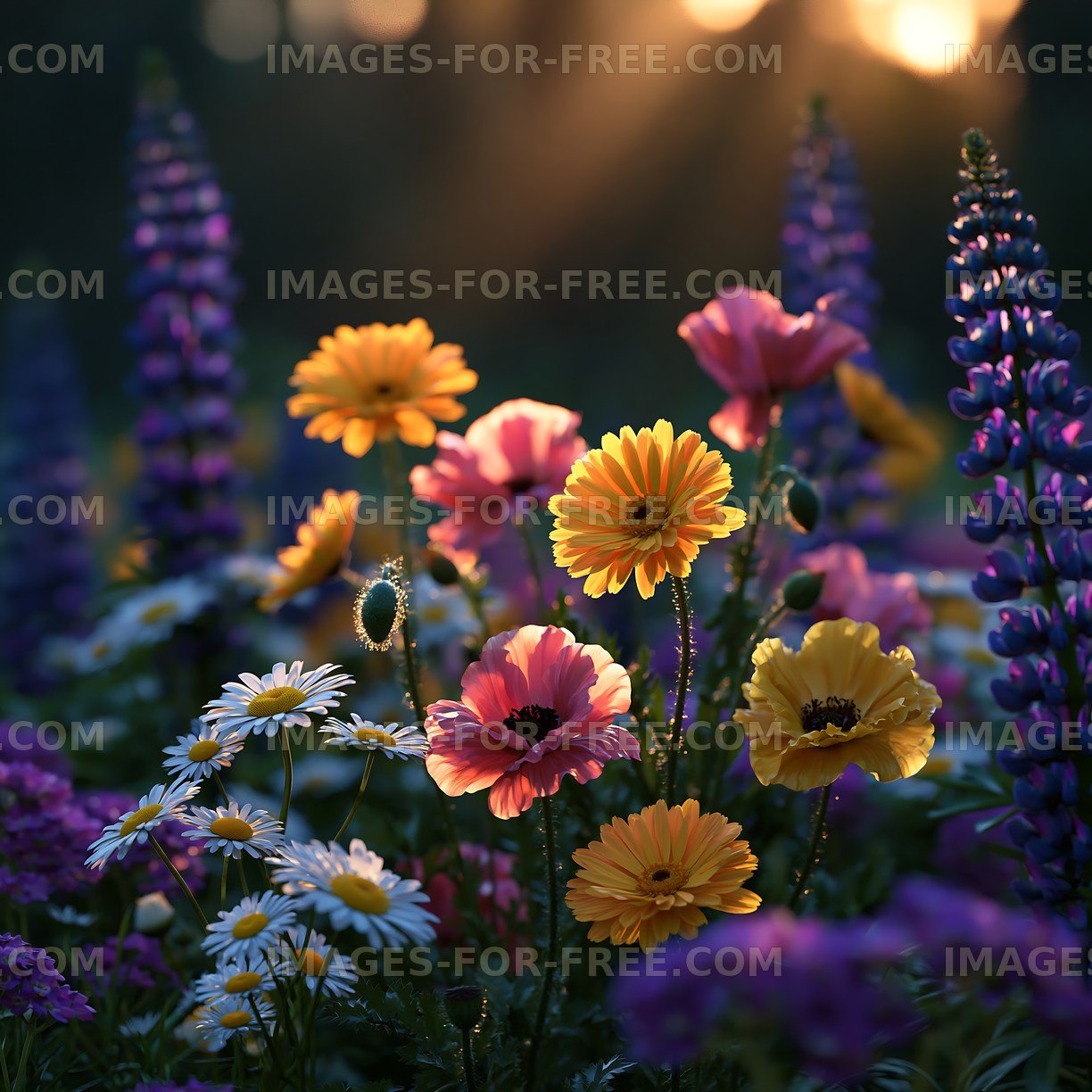 Colorful wildflowers in a sunlit garden during spring