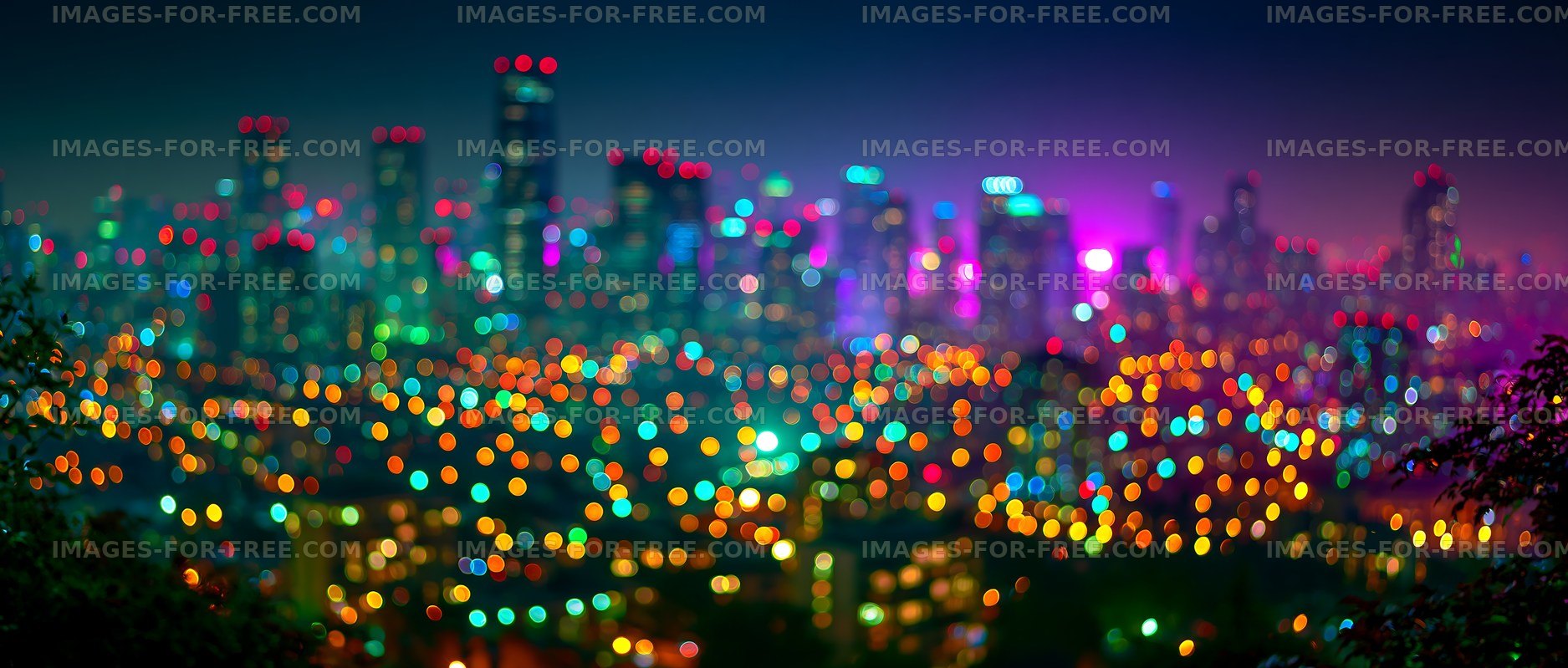 Colorful city skyline at night with bright lights