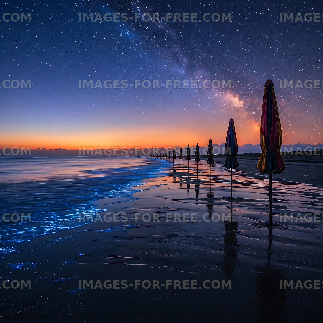 Milky way over beach with umbrellas in evening light