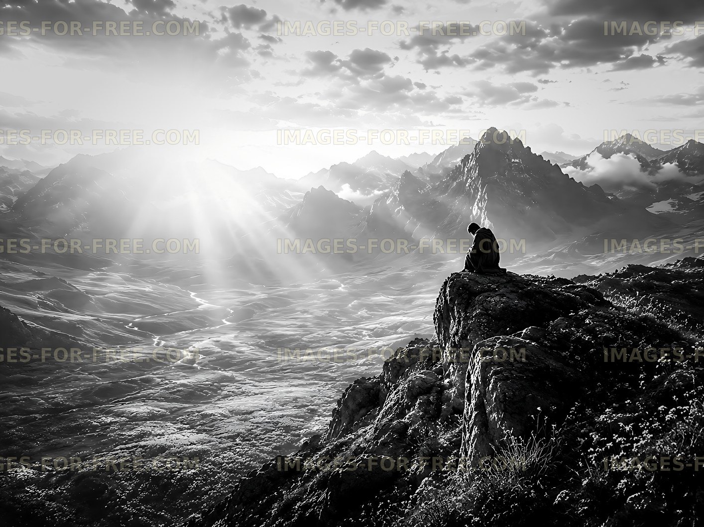 Person sitting on a rock, observing mountains and rays of sunlight