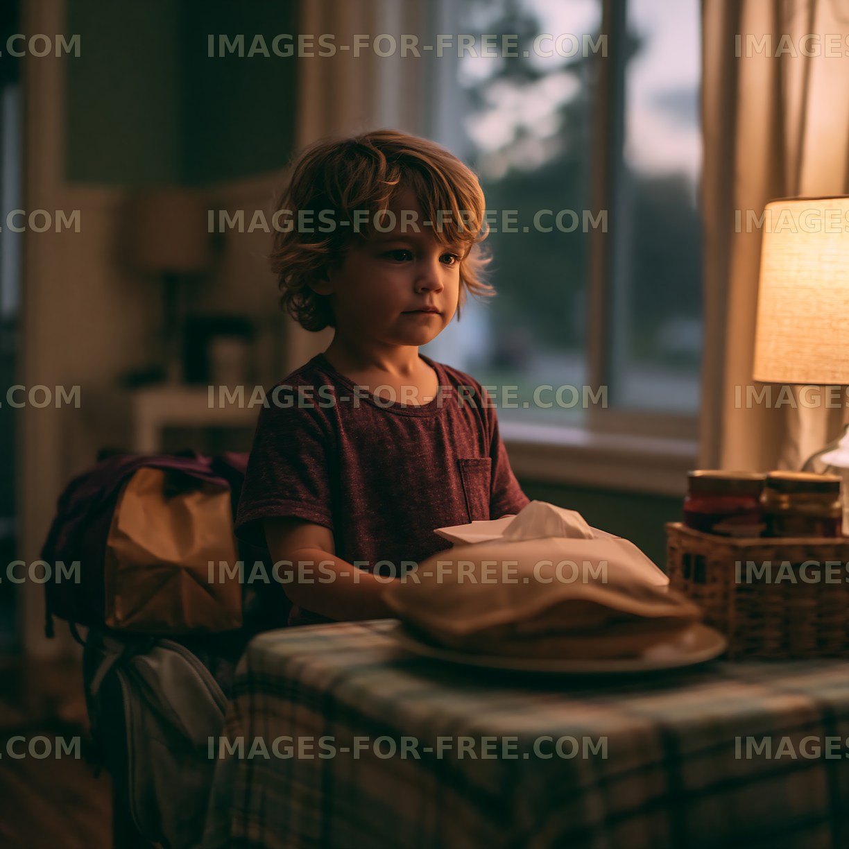 Child standing at table indoors with snacks in the evening