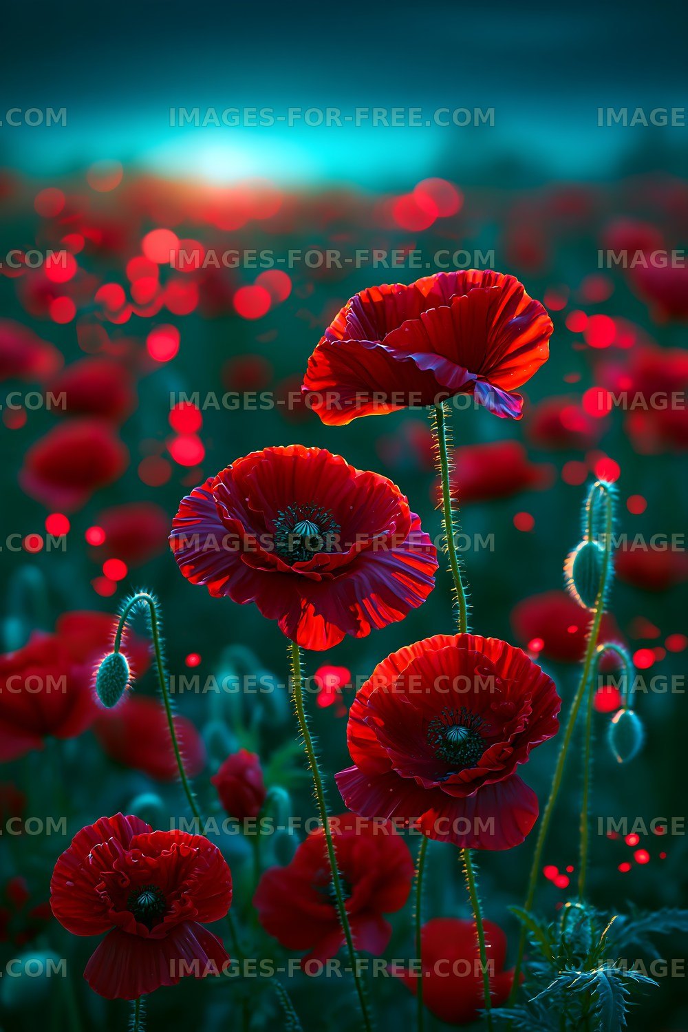 Poppy flowers bloom in a field during sunset