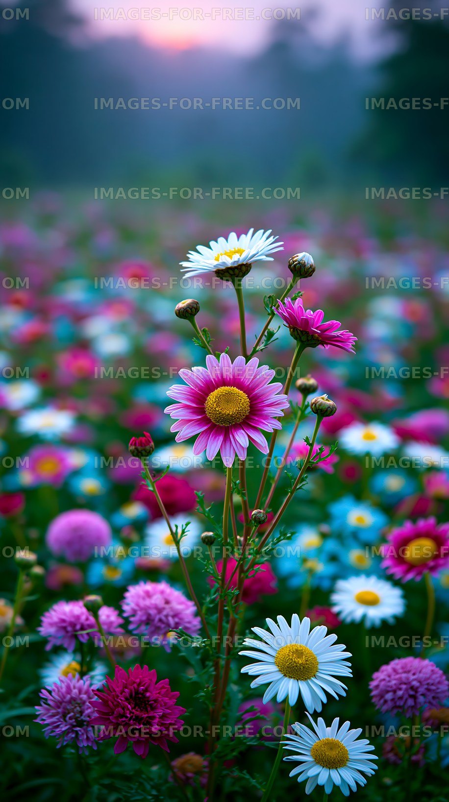 Colorful flowers in a field during sunrise
