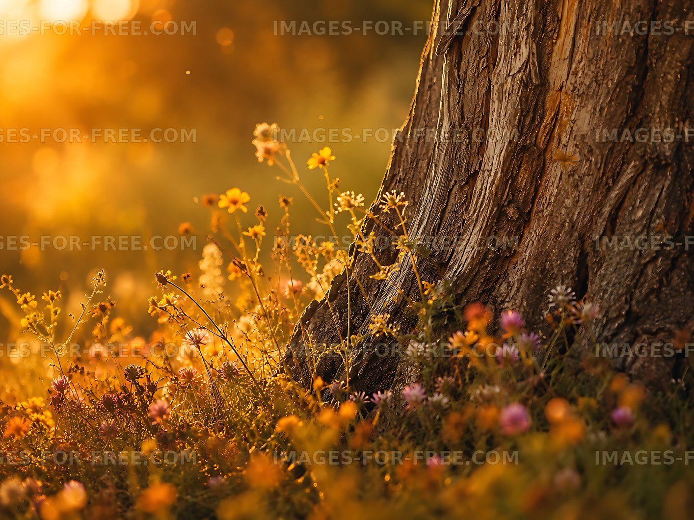 Sunset light on flowers and tree trunk in natural setting