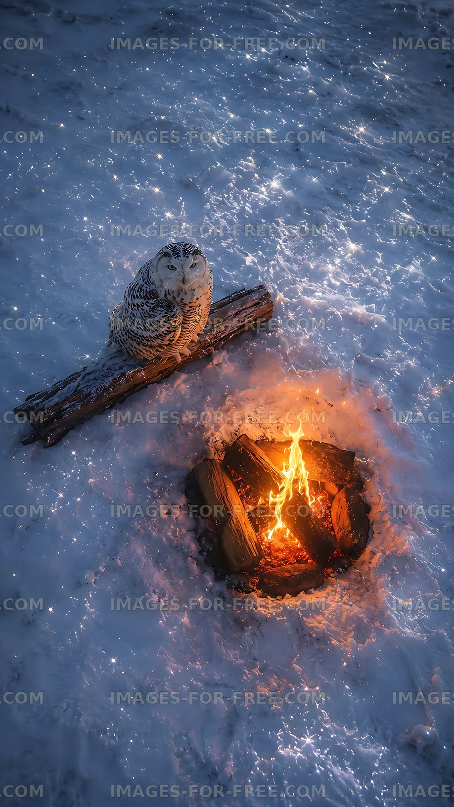Snowy owl near a campfire on a snowy ground