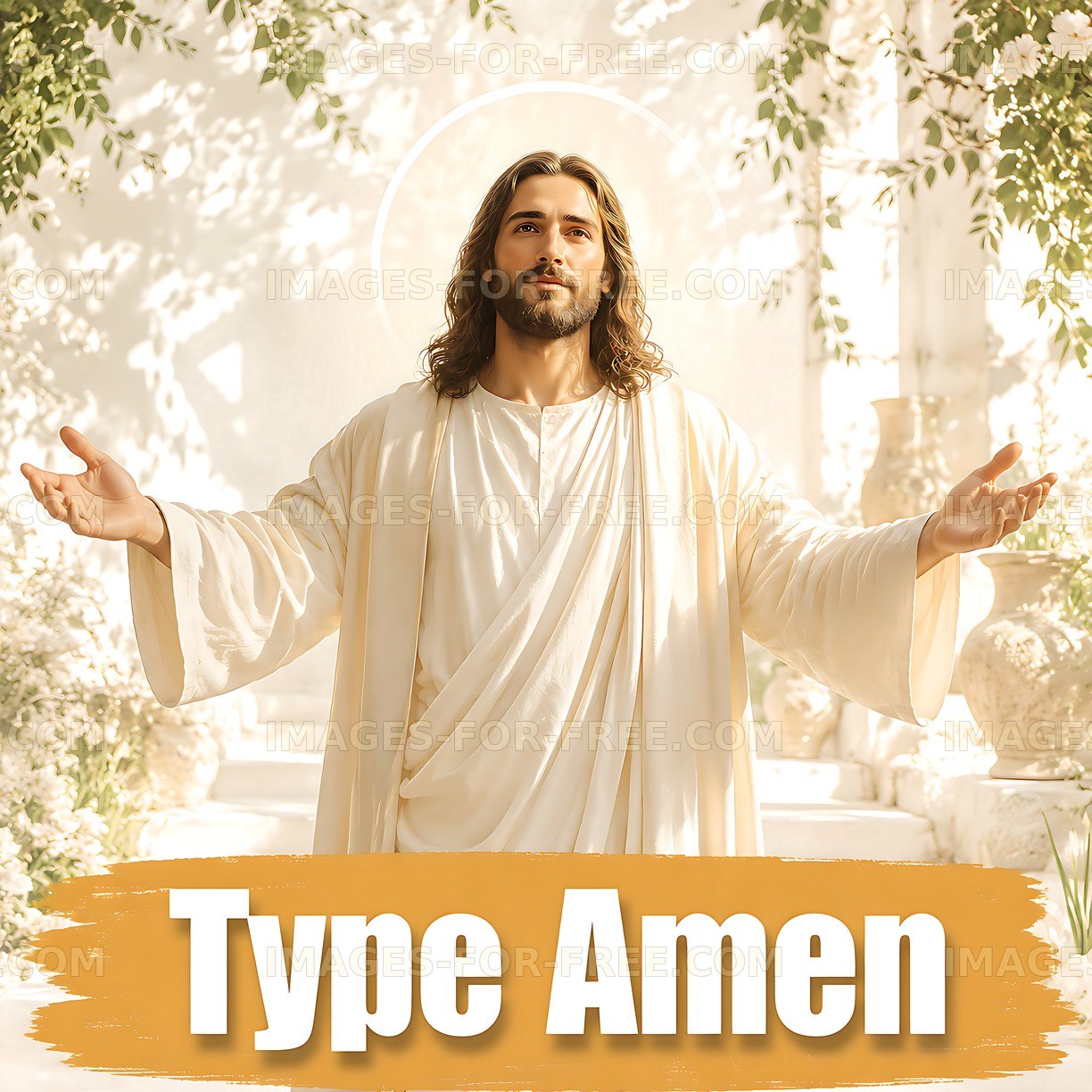 Jesus standing with open arms in a garden setting