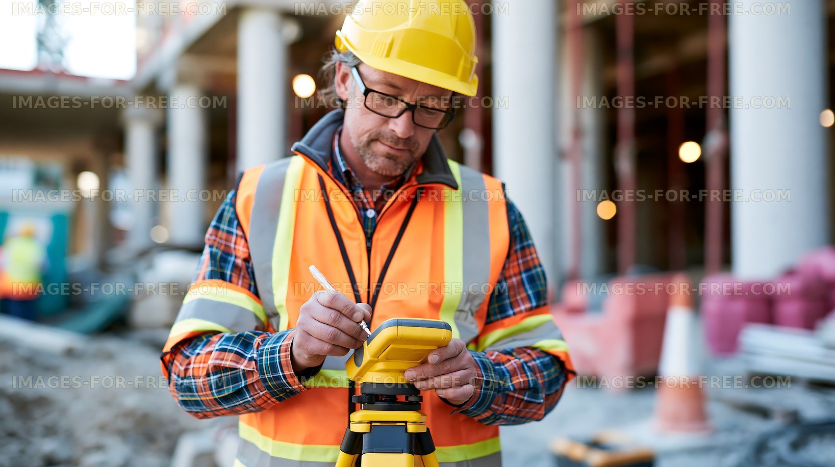 Construction worker using a level on a building site