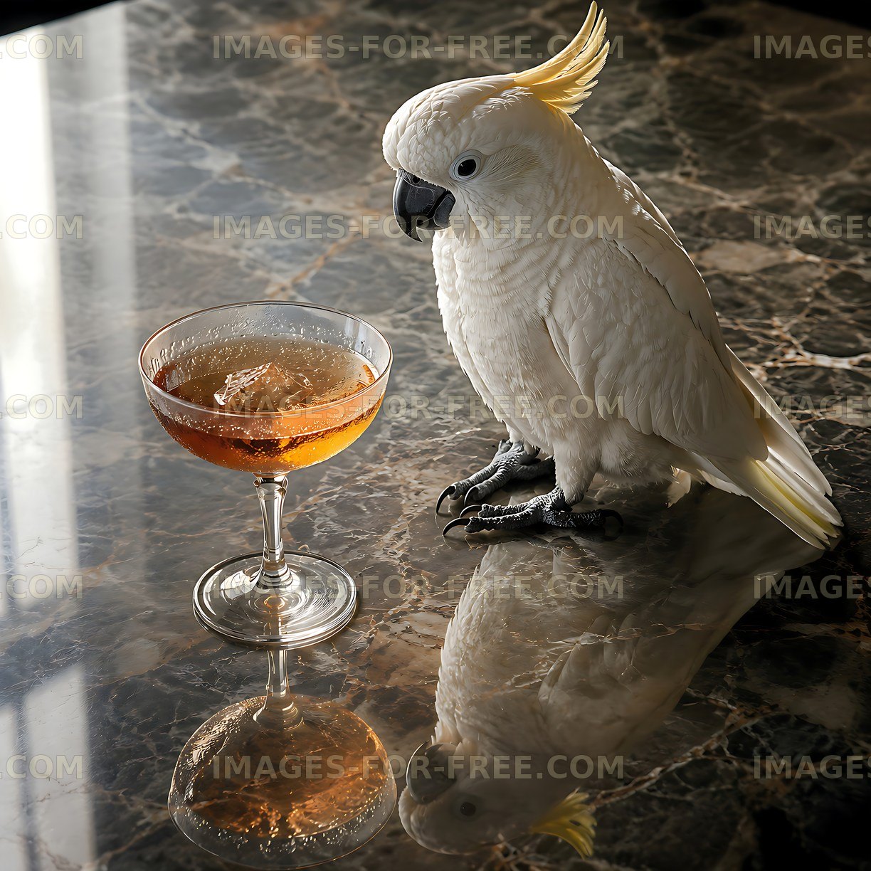 Cockatoo sits beside a drink on a marble table