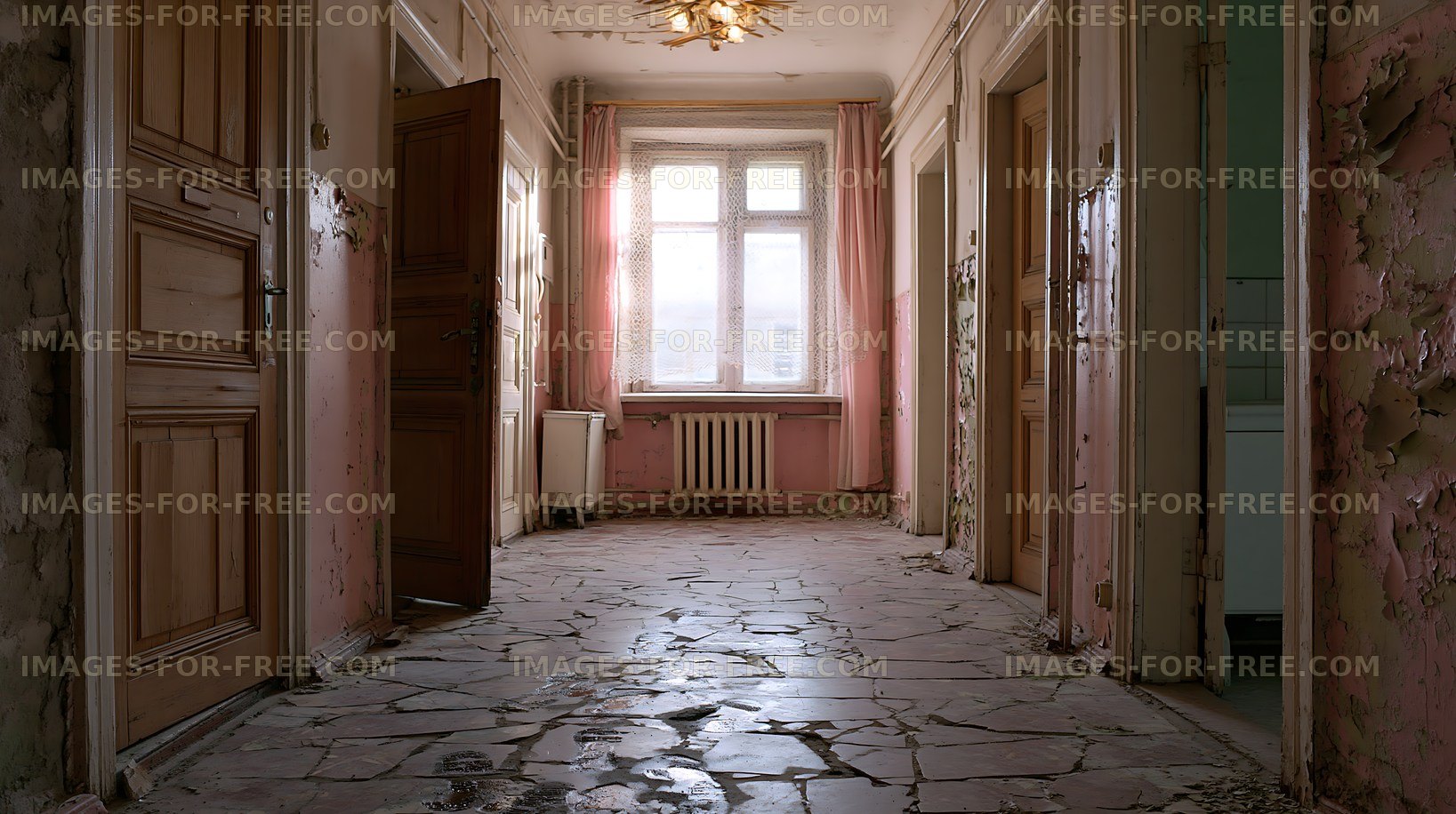 Abandoned corridor with broken tiles and peeling walls