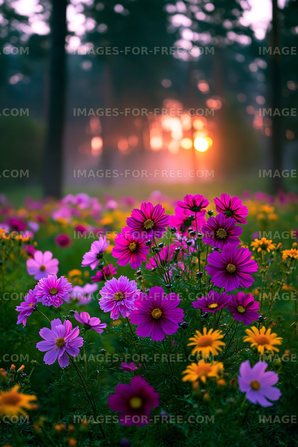 Colorful flowers in a field at sunset