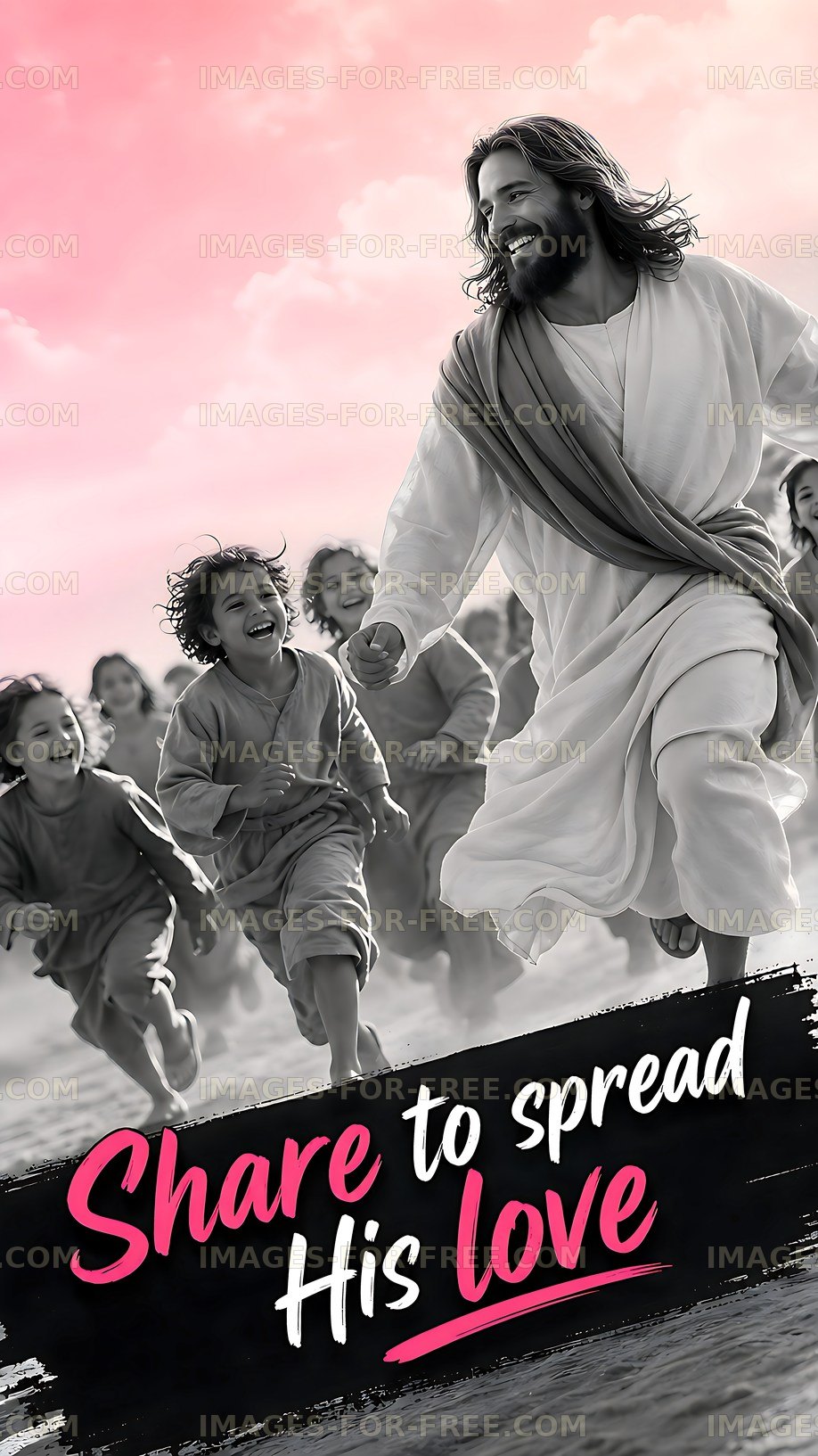 Joyful moment with children running beside a figure in white robe