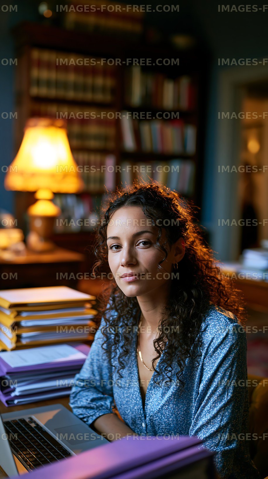 Woman sitting at desk in library with laptop and files