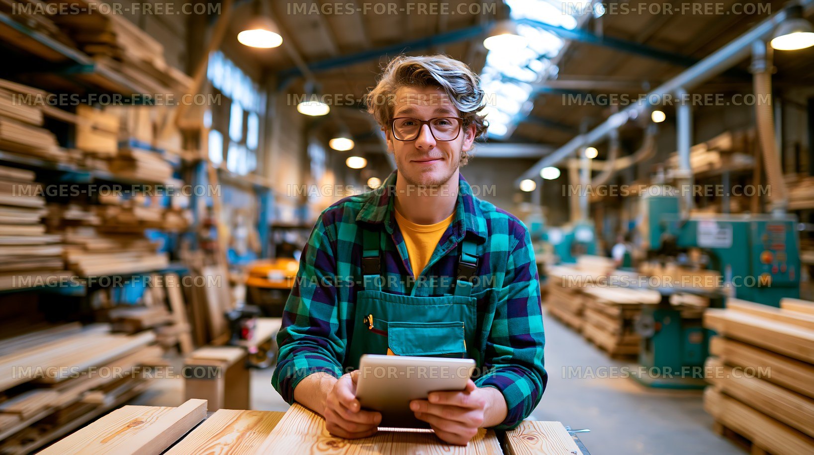 Man using tablet in wood workshop
