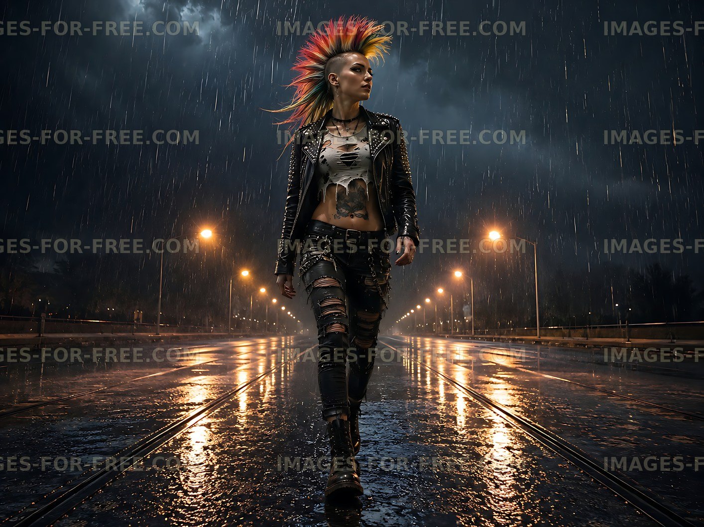 Woman with mohawk hairstyle walking in the rain at night