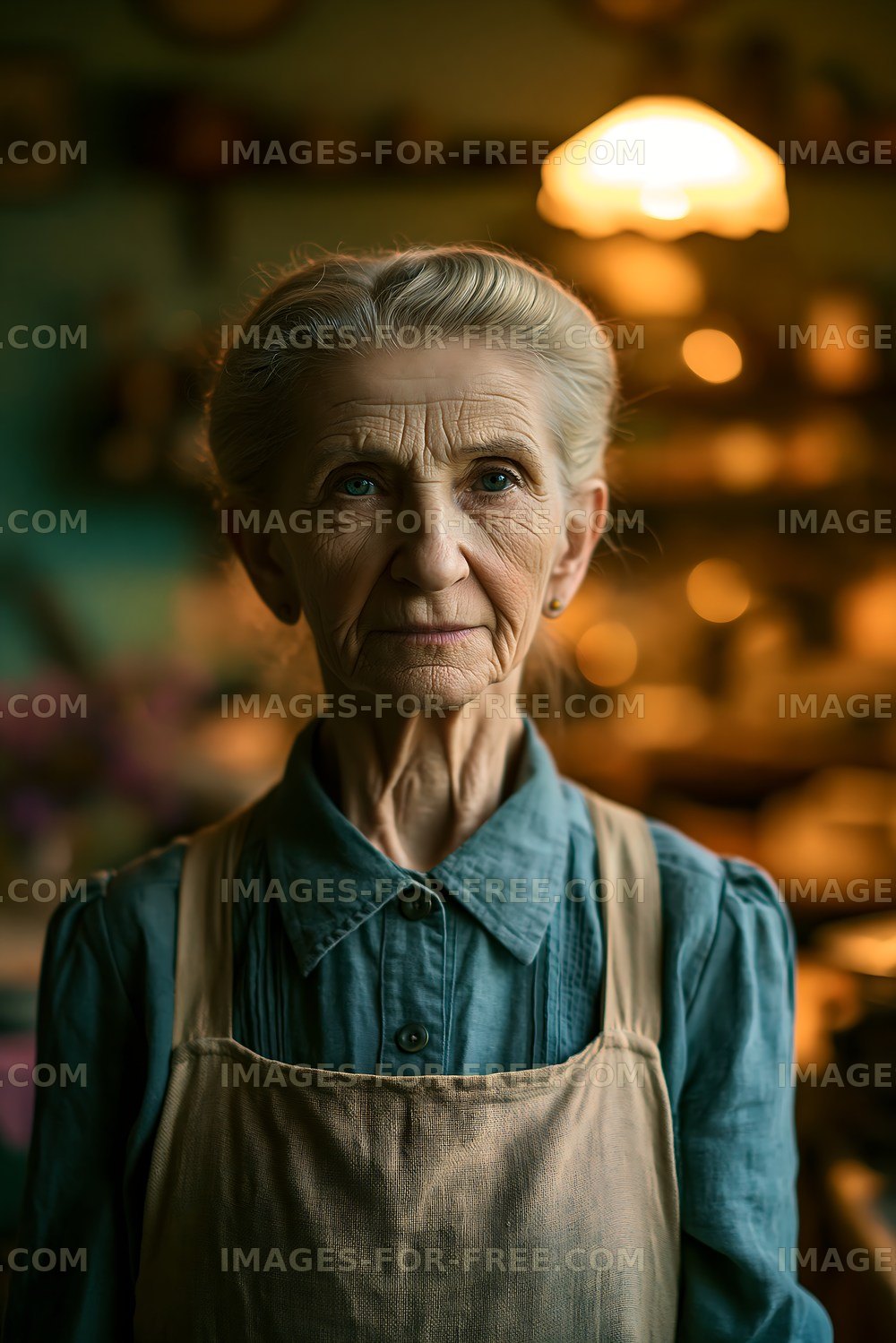 Elderly woman in apron stands in cozy kitchen setting
