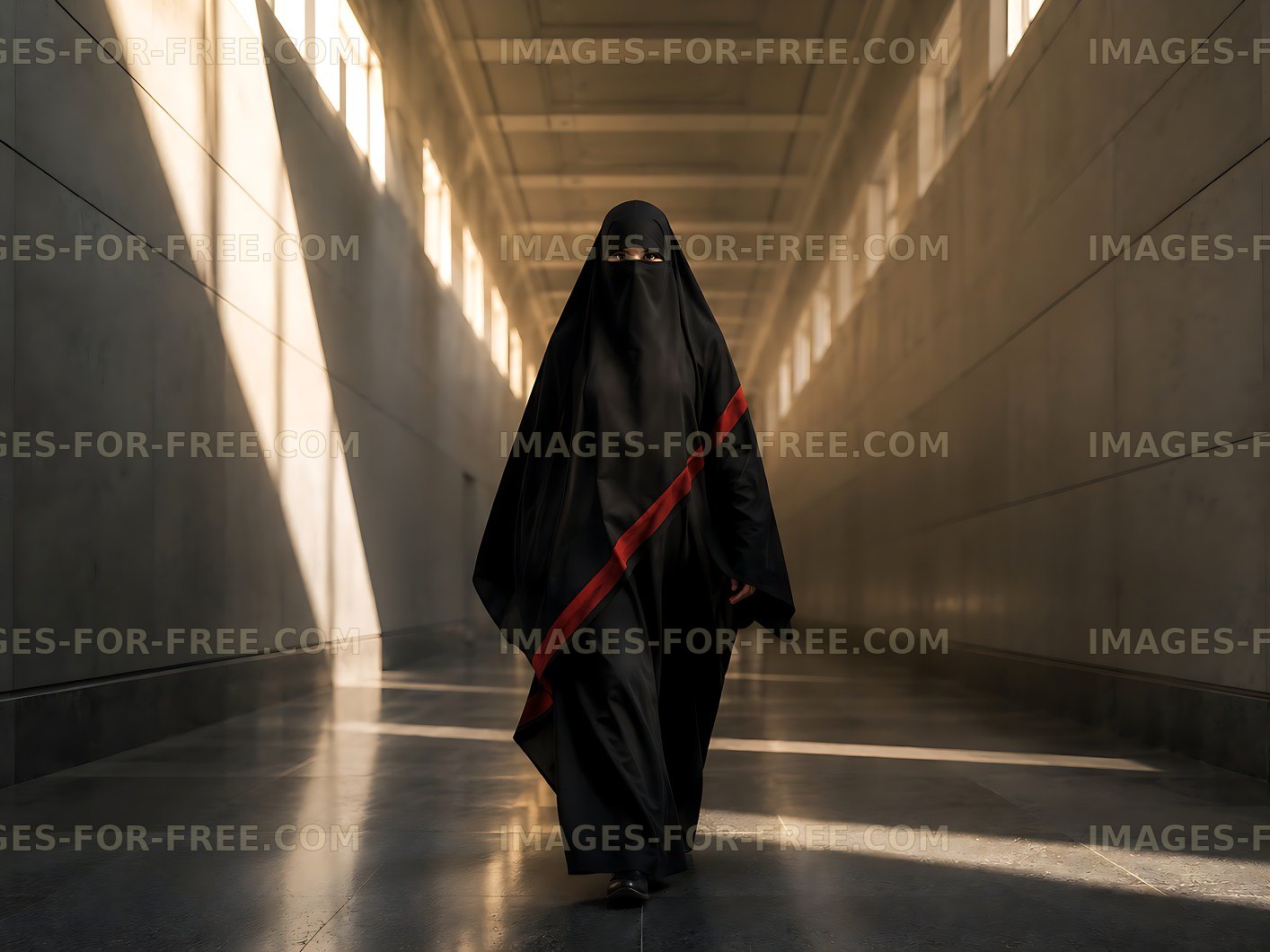 Woman in black attire walking in a corridor with natural lighting