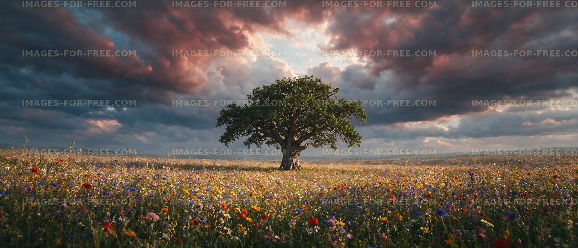 Large tree in a colorful meadow under a dramatic sky