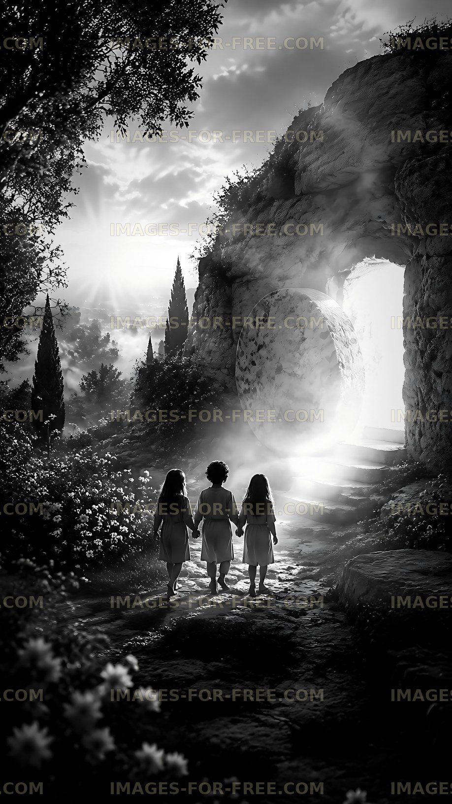 Children walking towards a glowing portal in a garden