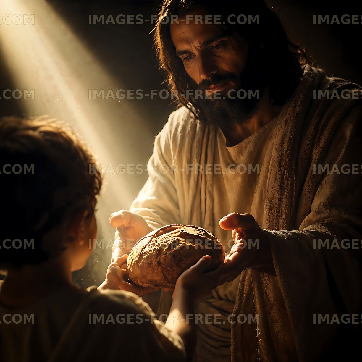 Man handing bread to a child in a warm light setting