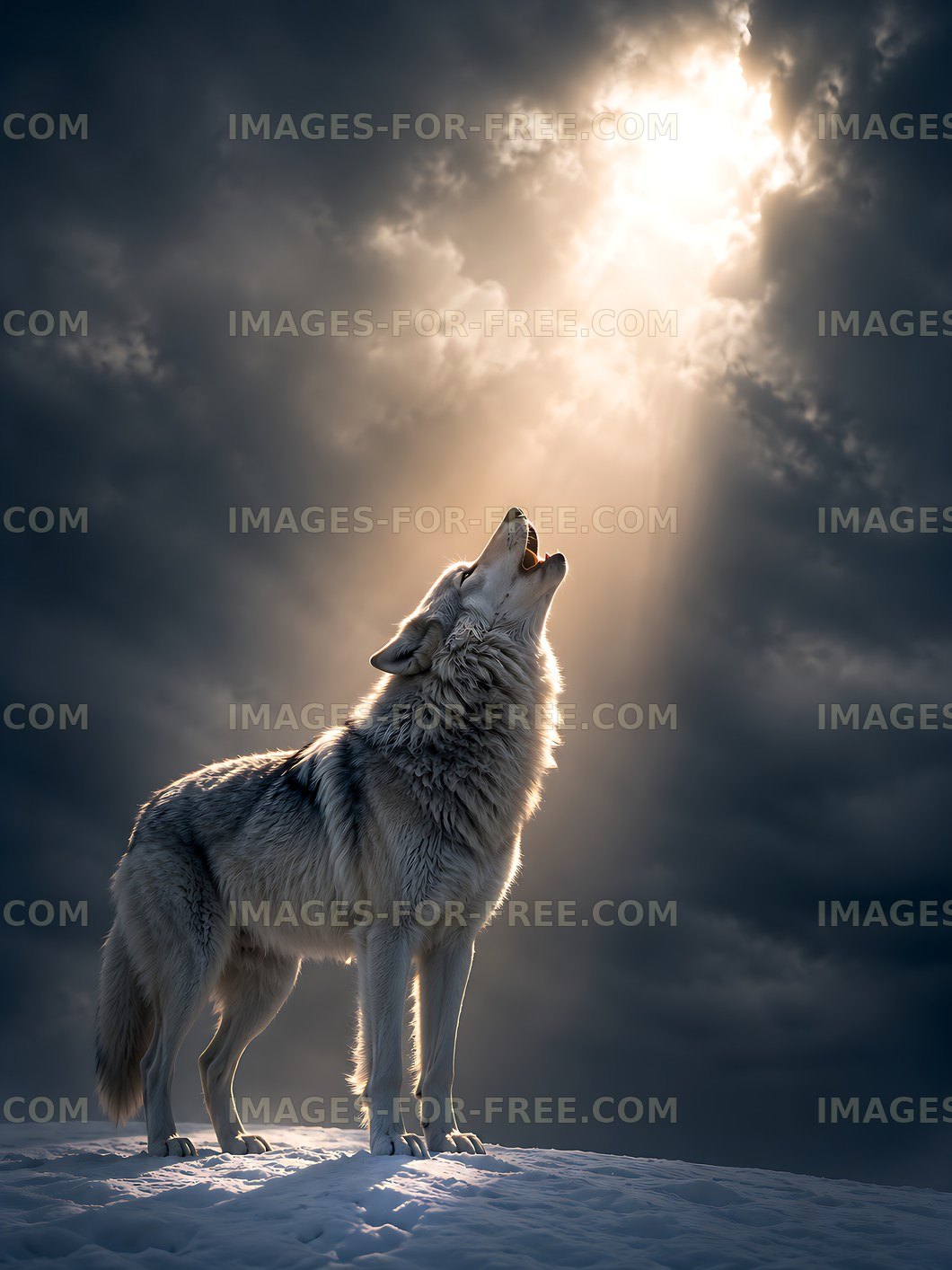 Wolf howling under a beam of light in a snowy landscape