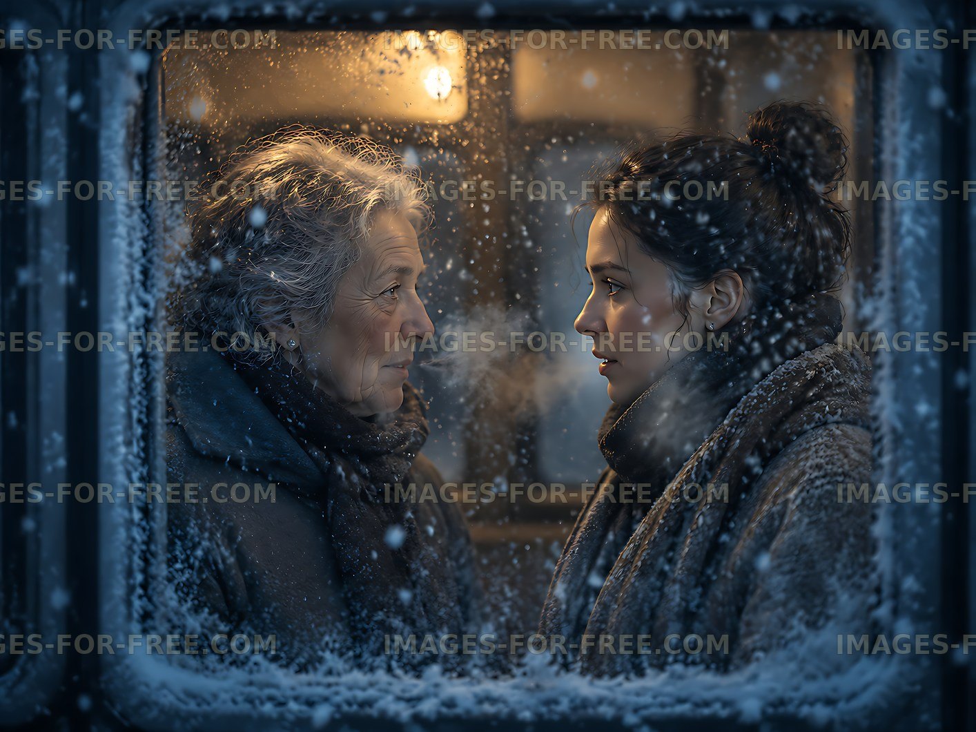 Two women face each other through a snowy window