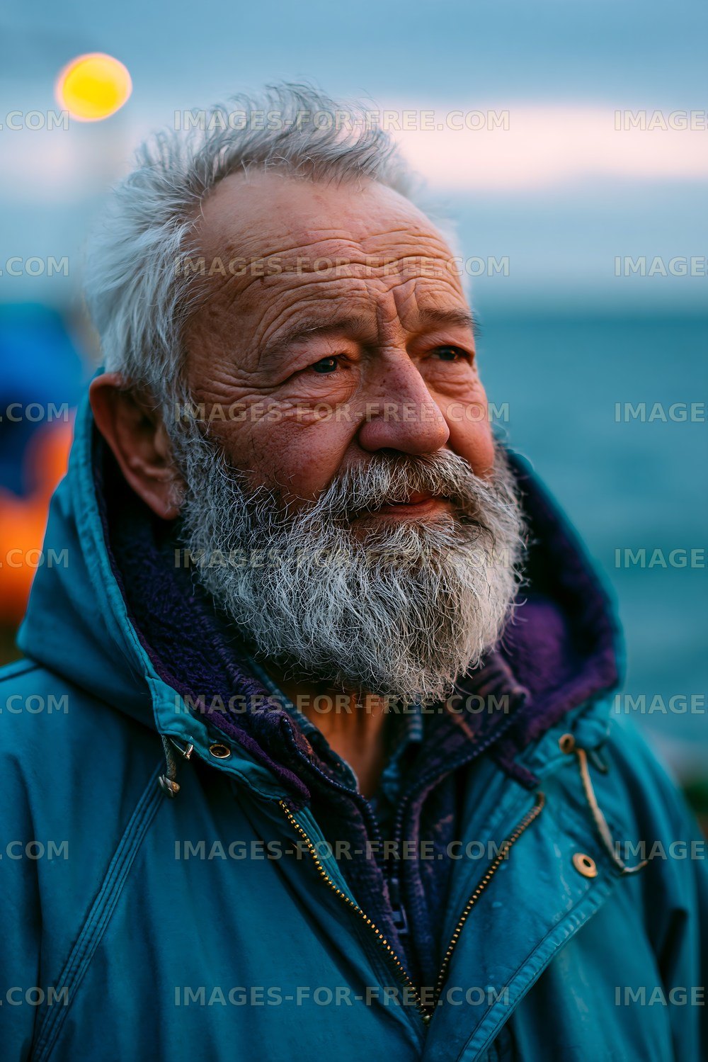 Elderly man with beard standing near water at sunset