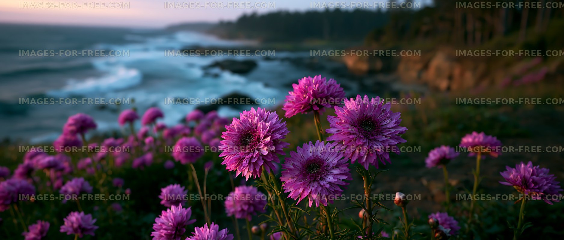Coastal flowers blooming near the shore at sunset