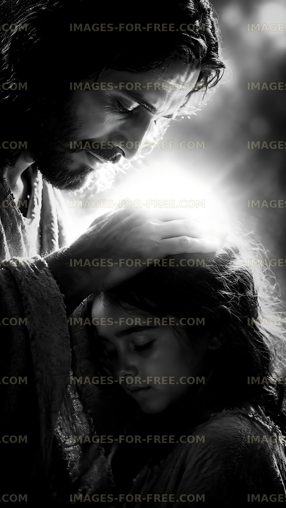 Emotional moment between a man and a girl in soft lighting
