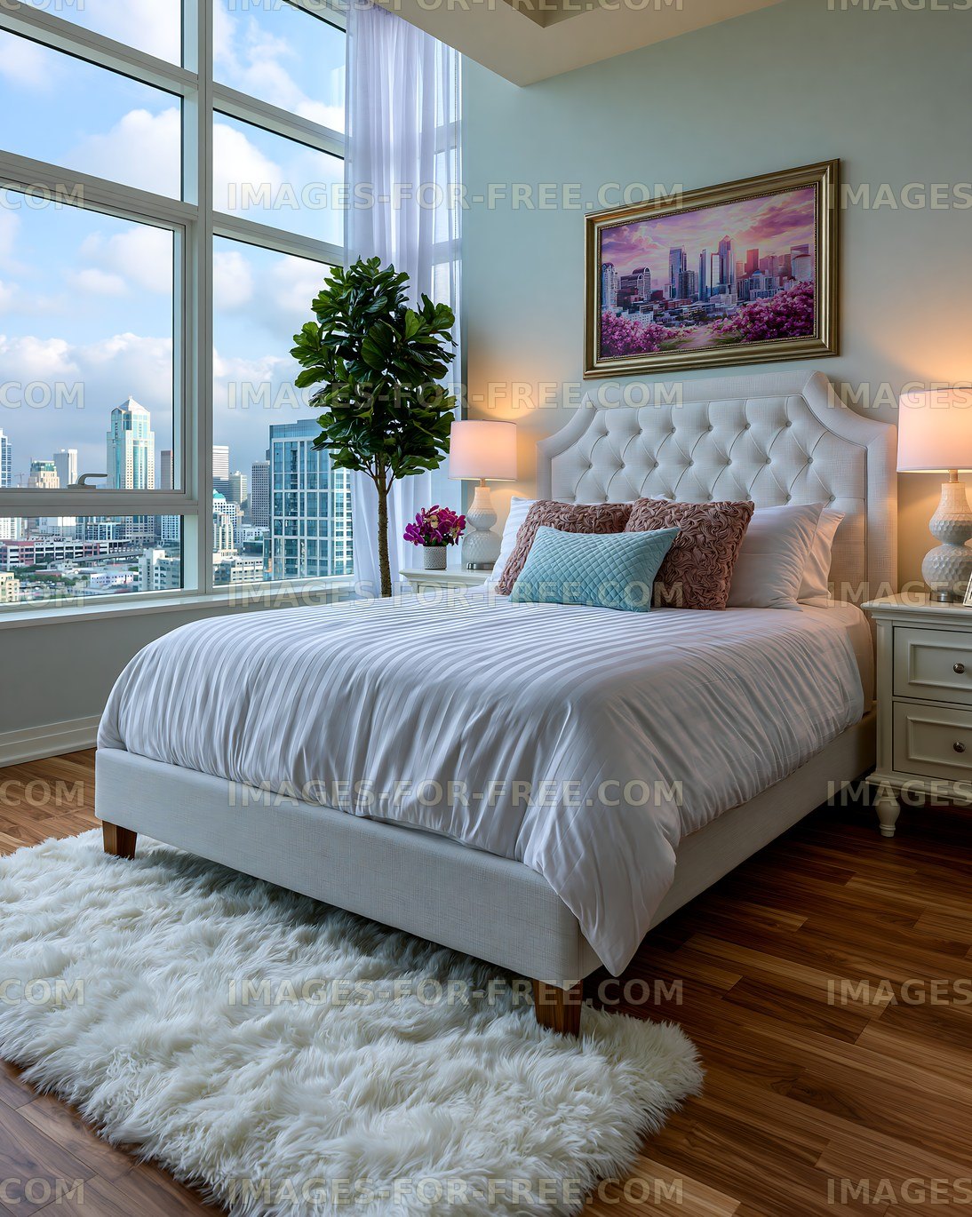 Modern bedroom with city skyline view from large windows