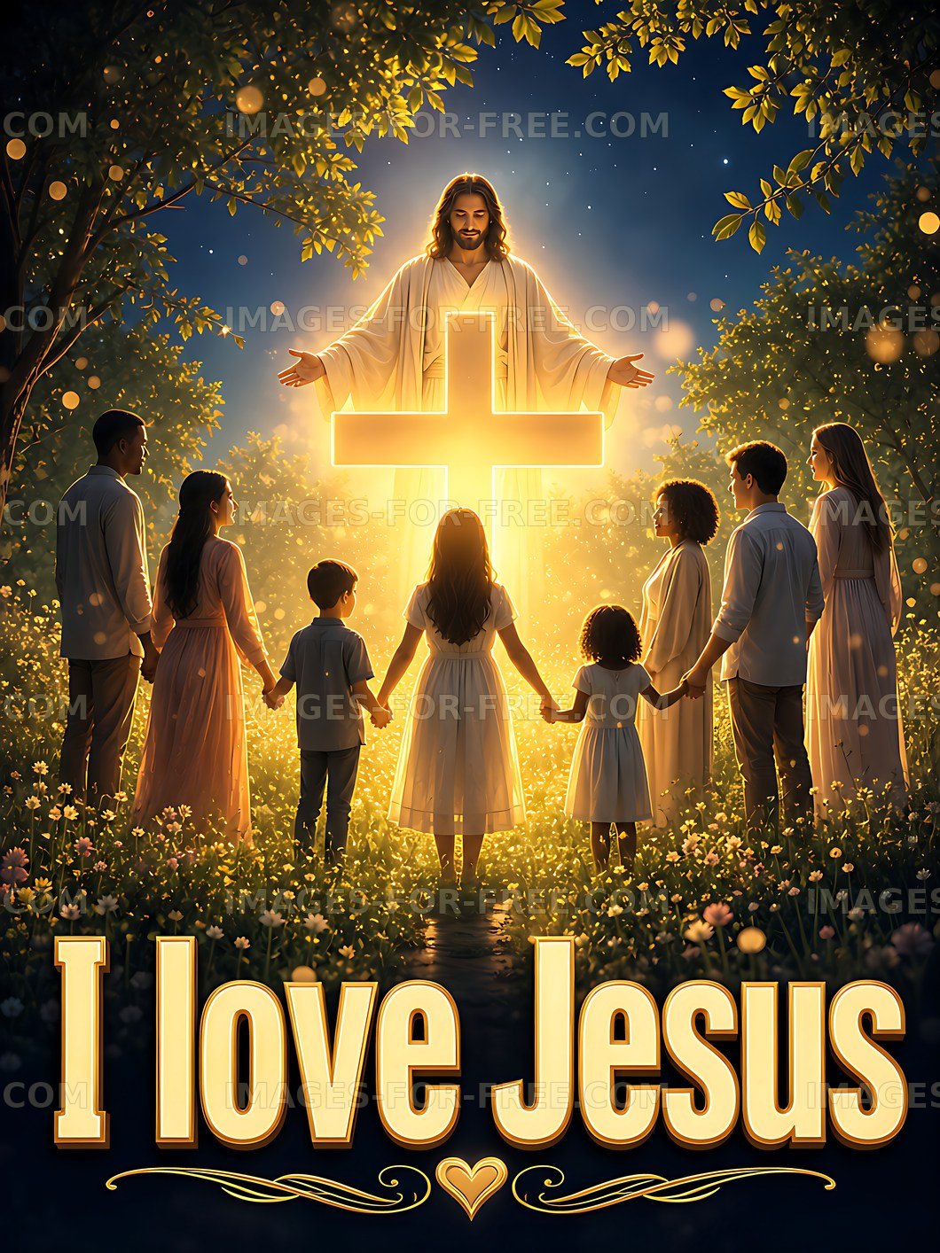 Group of people holding hands around a glowing cross at night