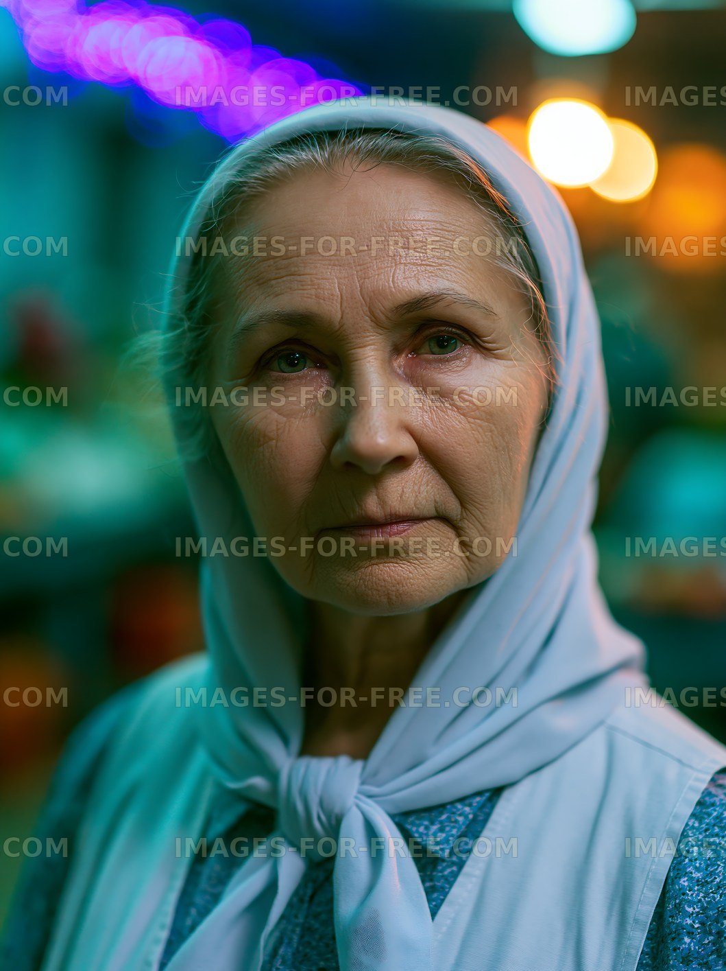 Elderly woman in headscarf with soft lighting in urban setting