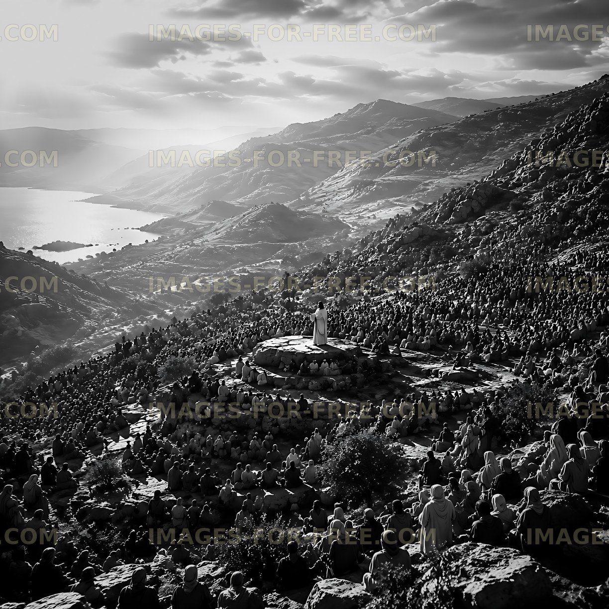 Gathering on a hillside overlooking a valley and water