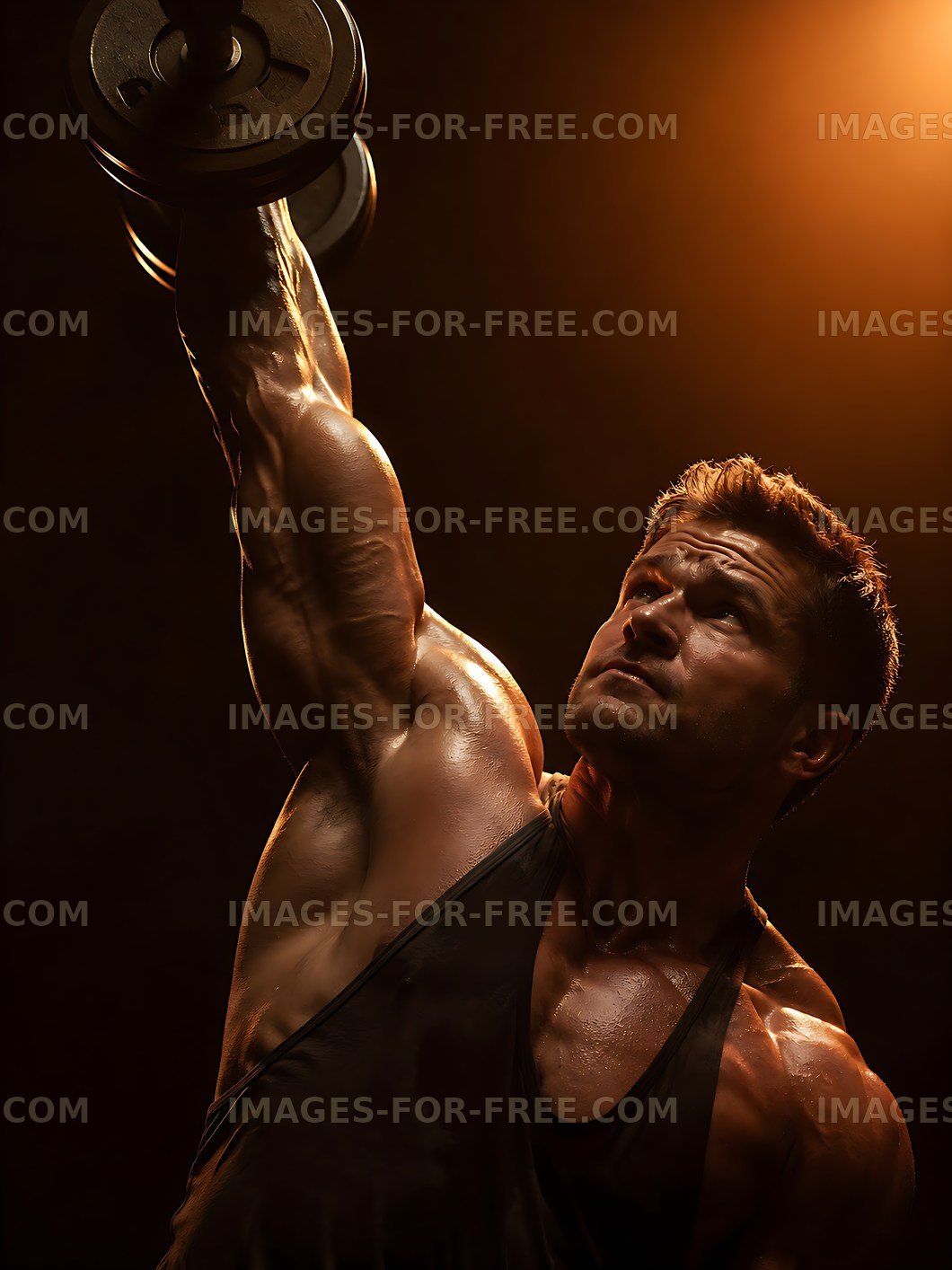 Muscular man lifting dumbbell in gym under dramatic lighting