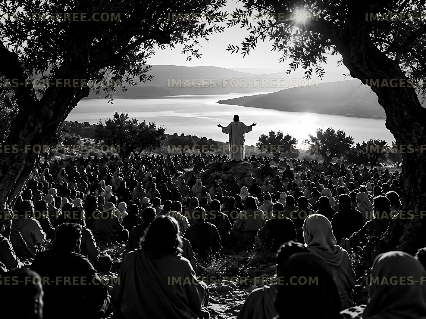 Man speaking to a crowd near a body of water