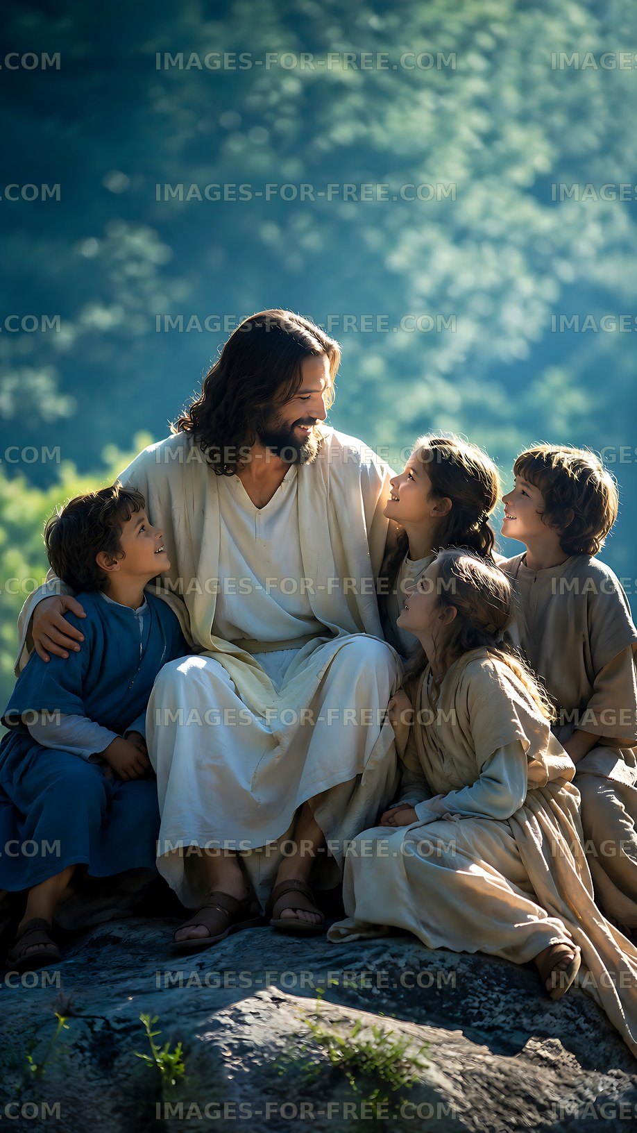 Children gathering around a man in white robes